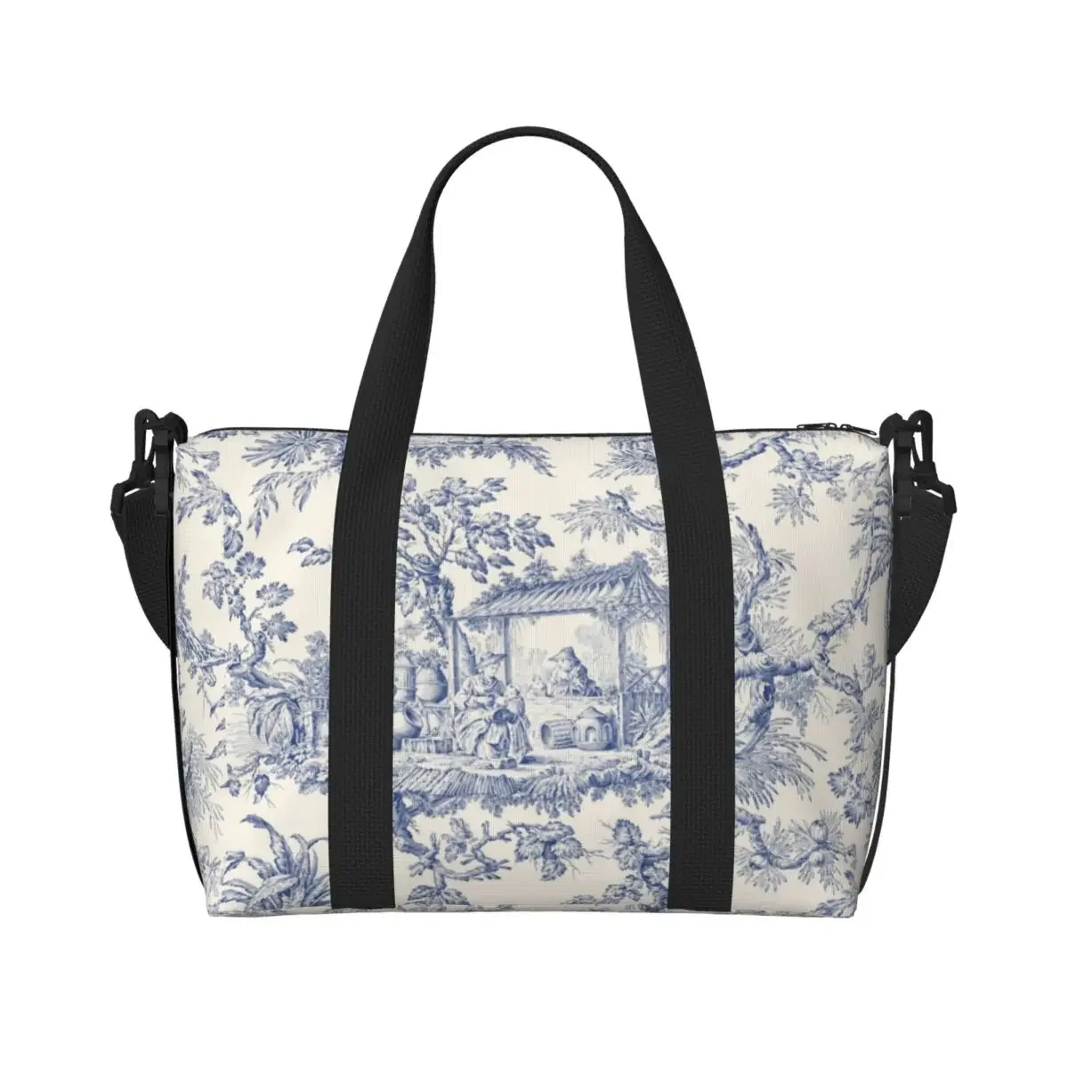 Toile De Jouy Patterns Tote Bag Women Large Capacity French Motif Beach Gym Shoulder Travel Bag