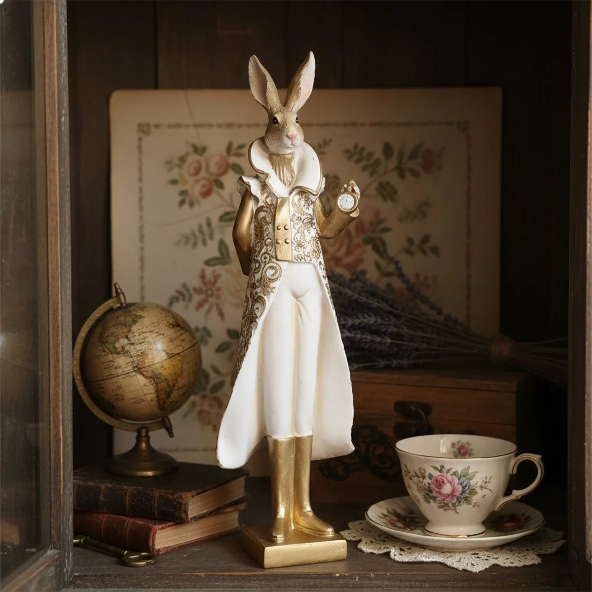 Elegant Gold & White Resin Wonderland Rabbit Sculpture 32.5cm Lightweight Fantasy Display Decor for Cabinet Or Shelf