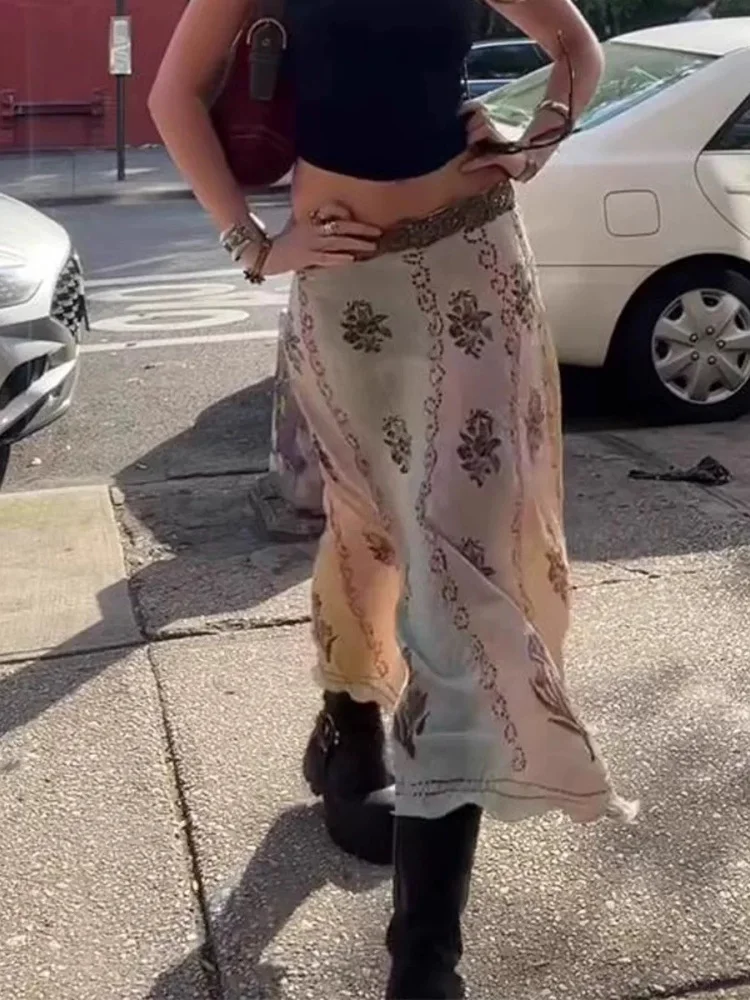 

Юбка с высокой талией и принтом для женщин, винтажная летняя уникальная изысканная тонкая прямая юбка-миди H-Line холодного тона