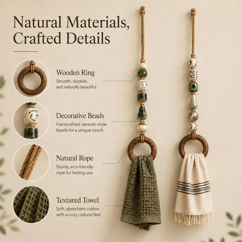 Decorative Beaded Towel Hanger With Wooden Ring Practical Design, Portable For Bathroom Kitchen