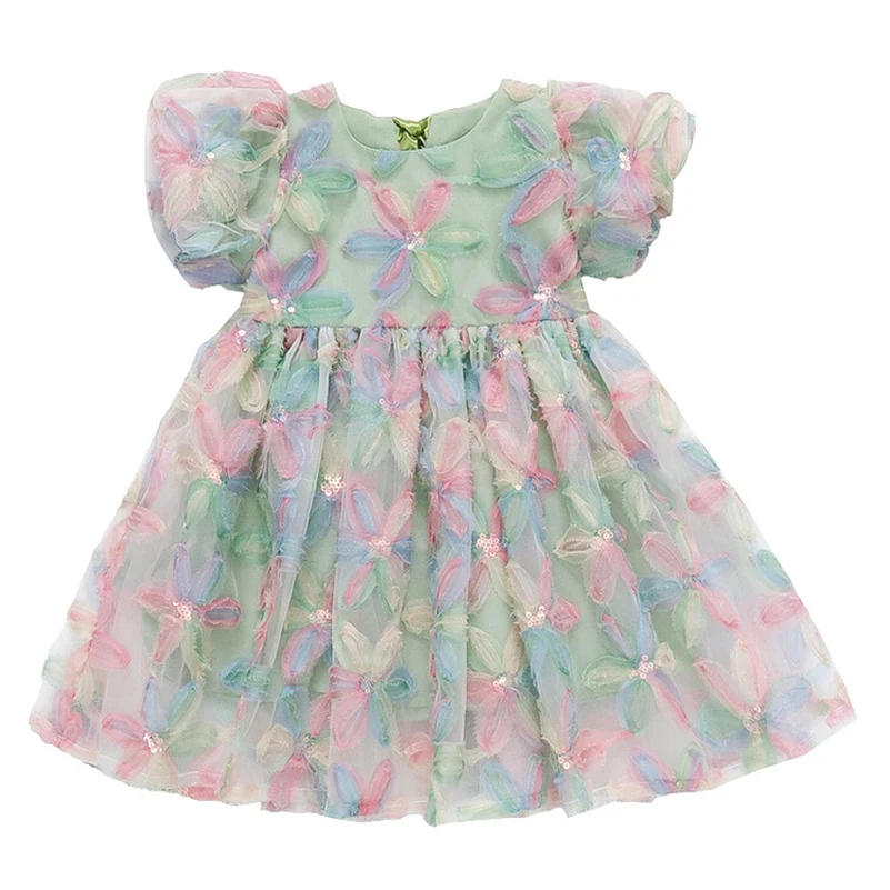 Summer Party Dresses Girls  Sweet Kids Clothes Sheer puff sleeve Floral Dresses for Girs children Party Dance Skirts 1-10T