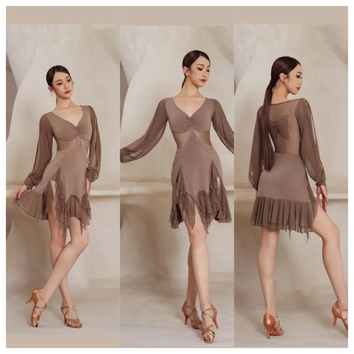 

2026 Latin dance cha cha samba competition costume high-end sexy professional performance costumes slimming long sleeved dress