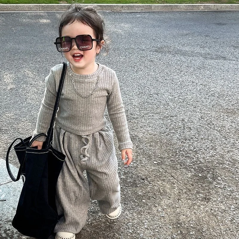 Girls Solid Clothes Sets Summer Children Long Sleeve Suits Kids T-shirt Tops+Pants 2Pcs Teenage Sport Casual Outfits 2-8 Years