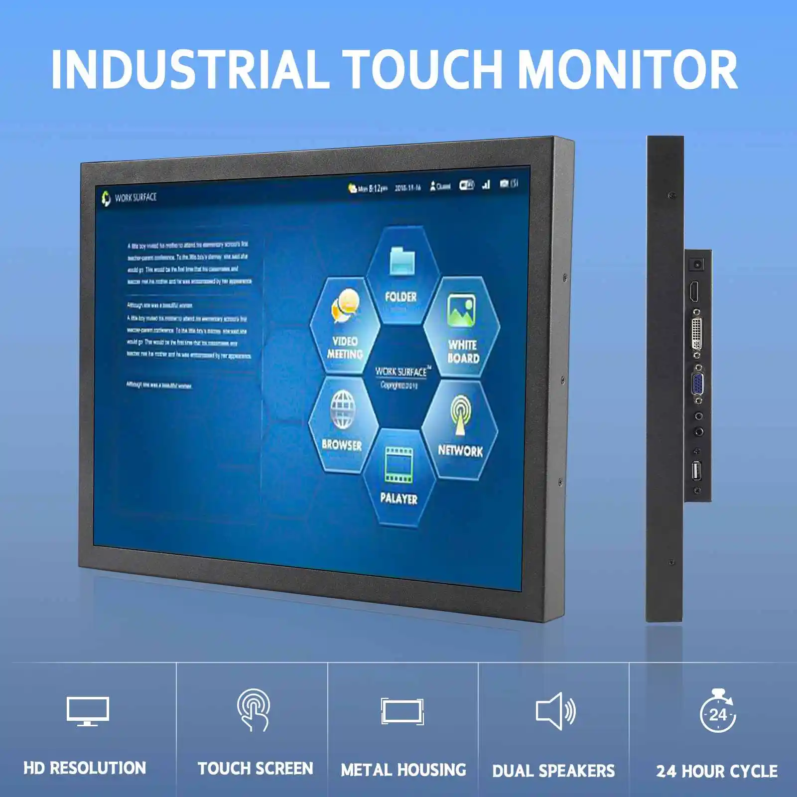 15inch 1024x768 Industrial Resistive Touch LCD Monitor H/D VGA DVI Input Port