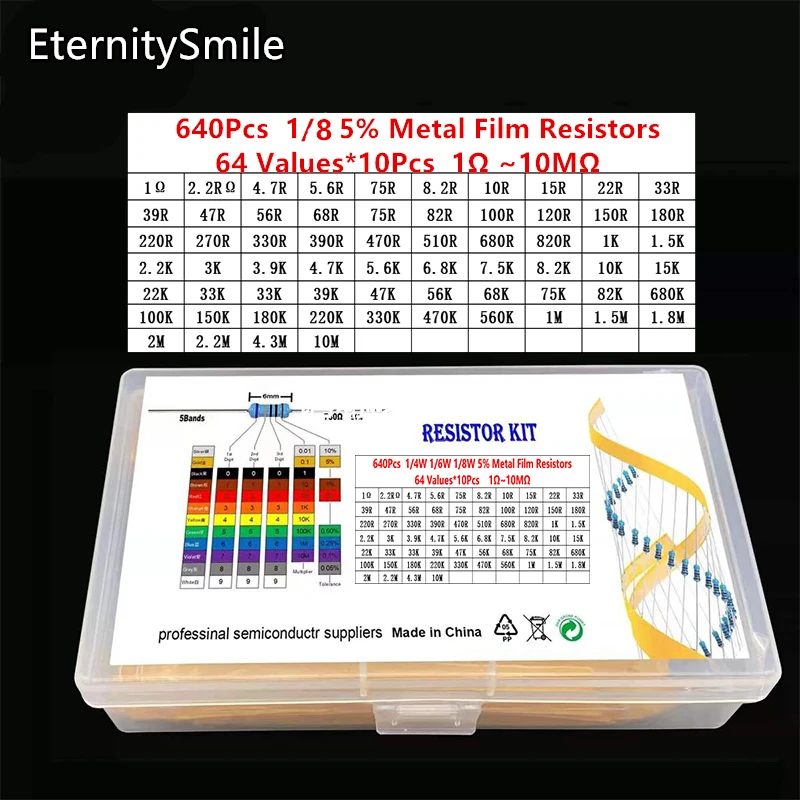 

640Pcs/Box 64 Values 1/8W 5% Metal Film Resistors Kit 1Ohm-680OR-1k-680k-10M High Precision Resistance Set Assortment