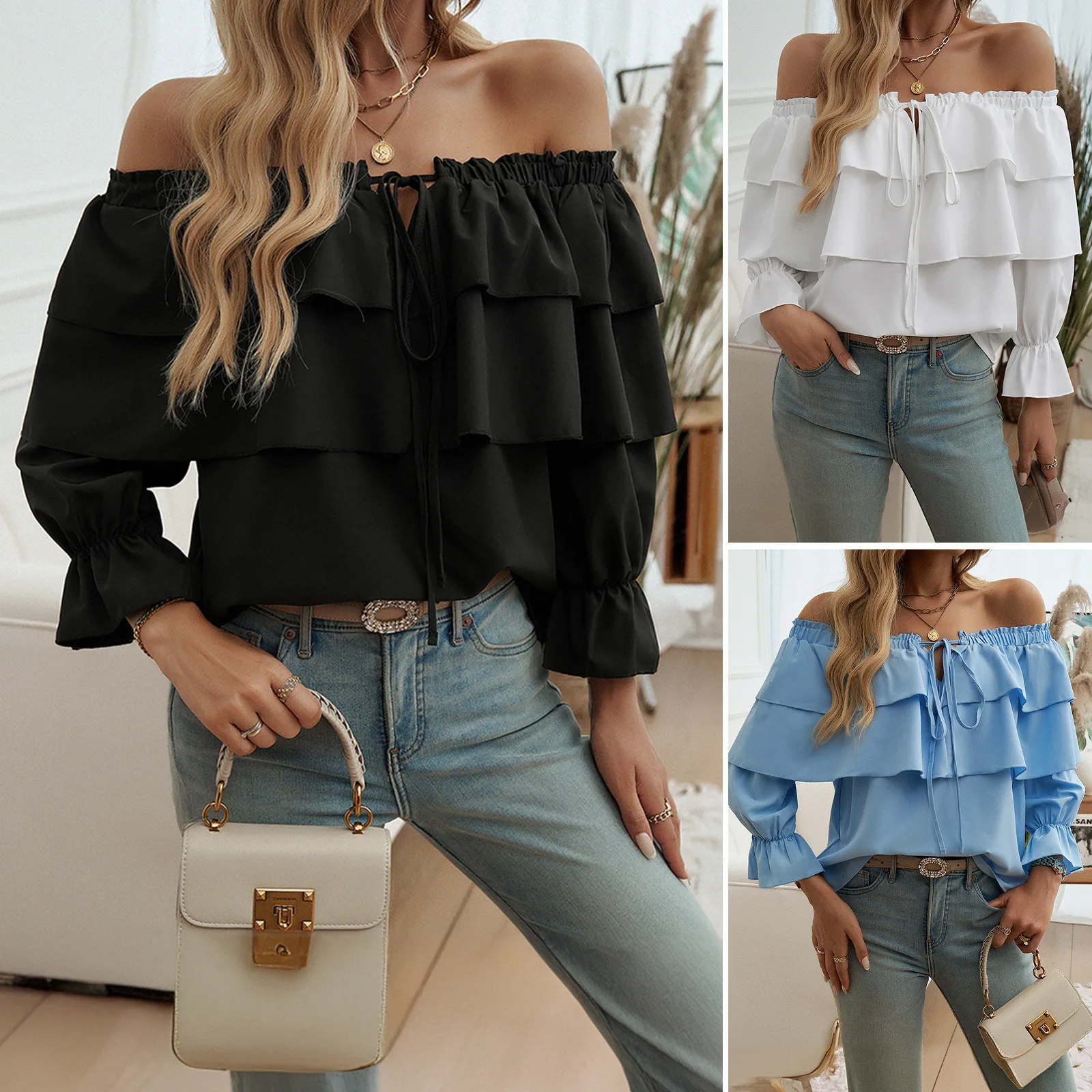 Spring Autumn Women's Long Sleeve Tops Female Solid Color Drawn Pleated One Shoulder Lantern Sleeve Top Women's Clothing