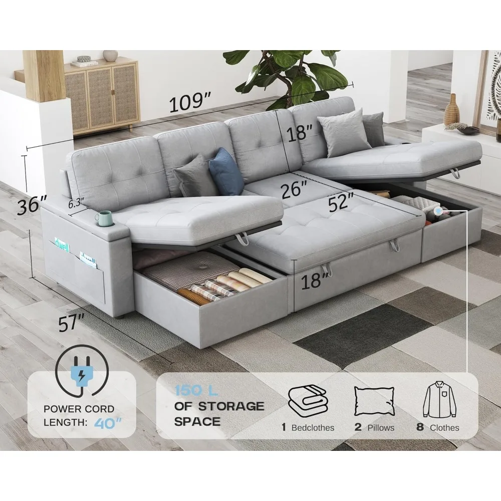 109 Inch Sofa Bed, Pull Out Sofa Bed with 2 USB Ports & Cup Holders, U Shaped Sleeper Sofa Bed with Dual Storage Chaise