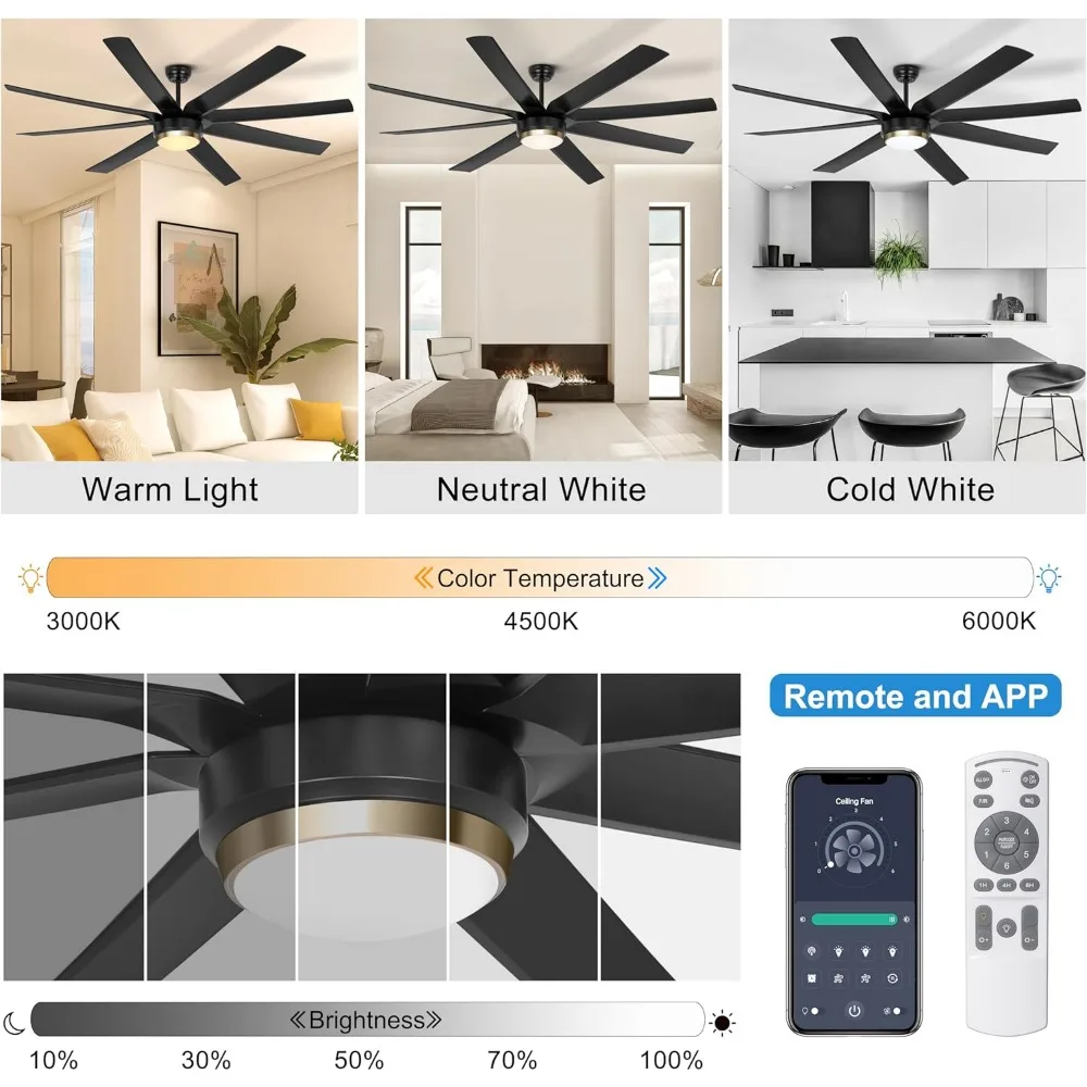 Ventilador de techo con luz, Motor de CC Reversible y regulable, temperatura de Color ajustable, ventiladores de techo de 70 pulgadas