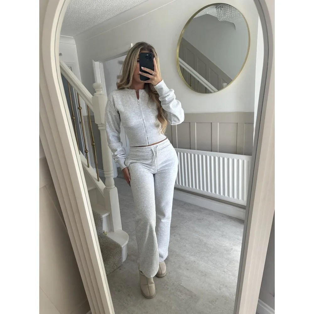 유럽 및 미국 여성용 가을 겨울 신상 패션 캐주얼 수트 단색 지퍼 가디건 스트레이트 팬츠 세트