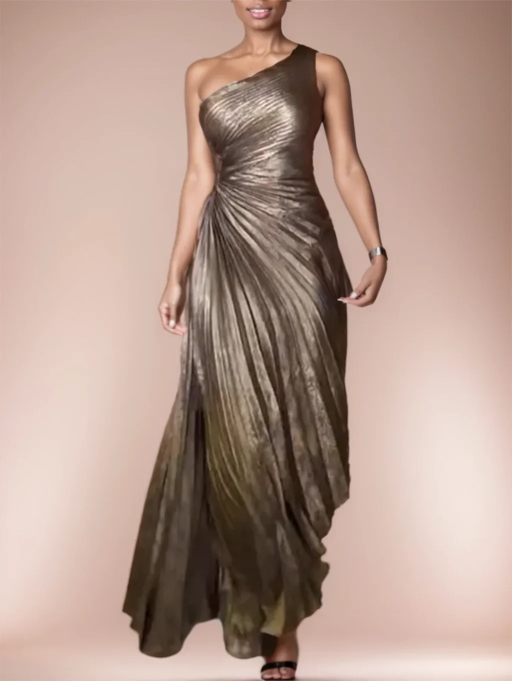 Sexy één schouder taille uitgesneden ruches geplooide gouden avondjurk