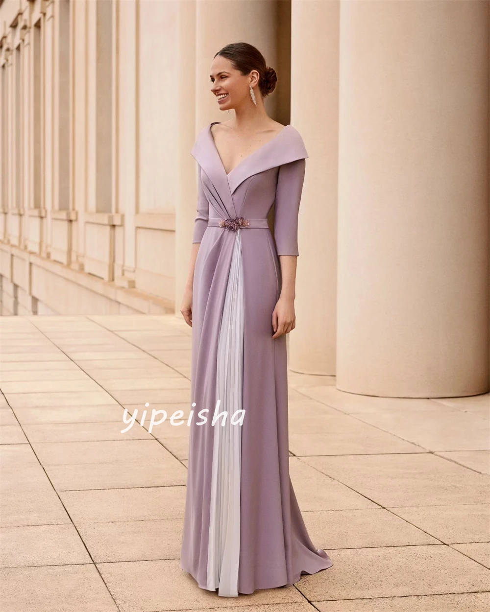 Jersey Sequined Flower Beading Ruched Engagement A-line V-neck Bespoke Occasion Gown Long Dresses