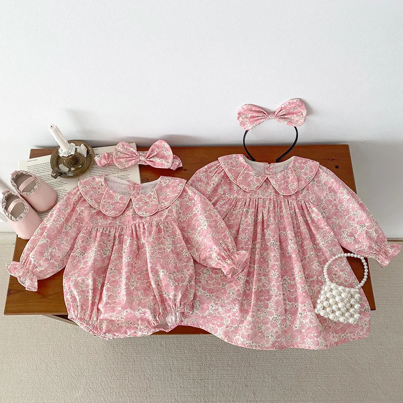 2024 Autumn Baby Girls Sister Look Cotton Floral Printed Rabbit Ear Collar Ruched Infant Girls Rompers Loose Toddler Girls Dress