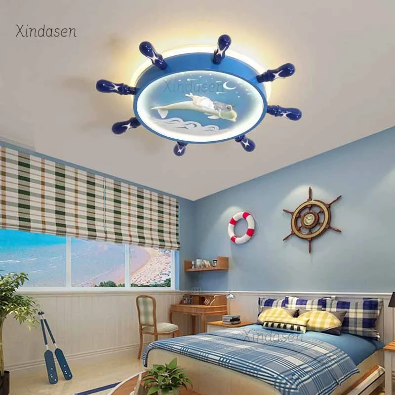 Kids Room Ceiling Light Dolphin Stars Blue Ocean Boat Rudder Led Lamp Ceiling Chandelier Baby Boy Girl Bedroom Decor Plafondlamp