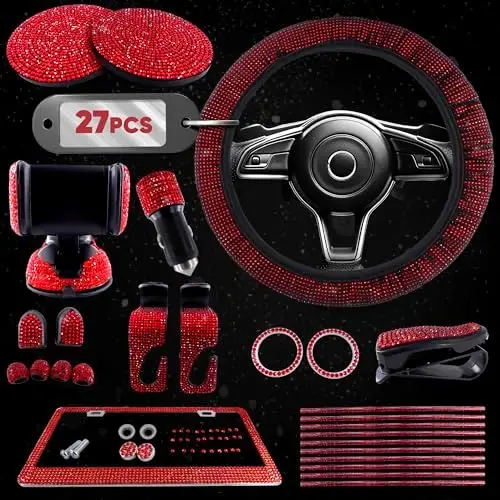 

Red Bling Car Accessories Set – 27-Piece Interior Kit with Steering Cover, Phone Holder & More – Ideal Gift for Women