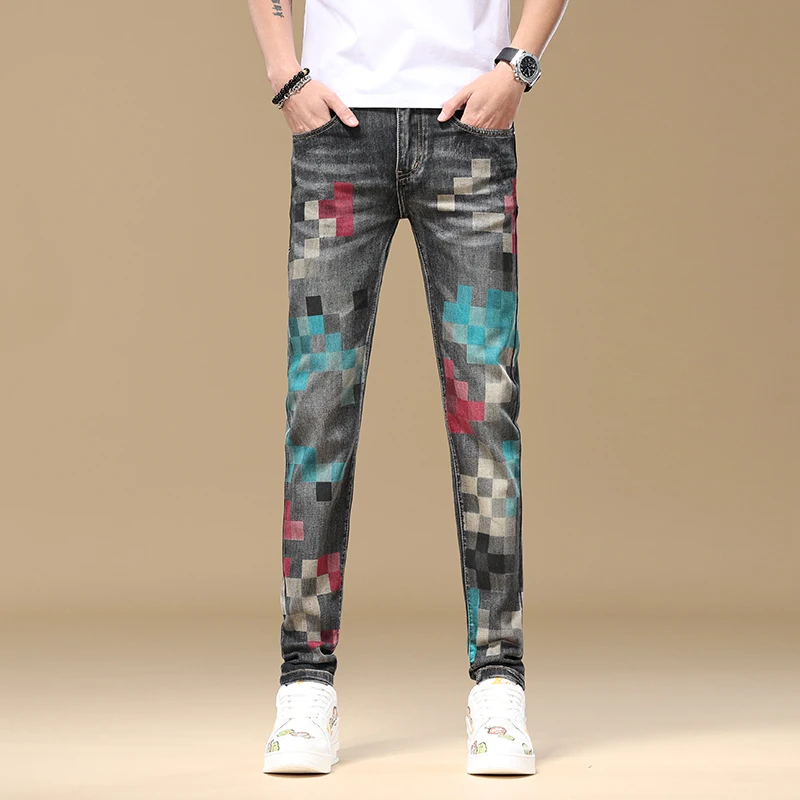 

Fashionable mosaic print design jeans for men's summer stretch slim fit small foot trend street personalized denim pants