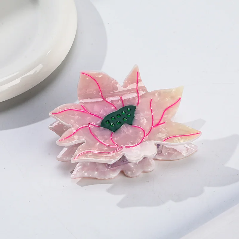 HANGZHI Green Lotus Leaf Pink Flower Grab Clip Korean Vintage Elegant Hair Accessories for Women Girls Daily Commuter Headwear