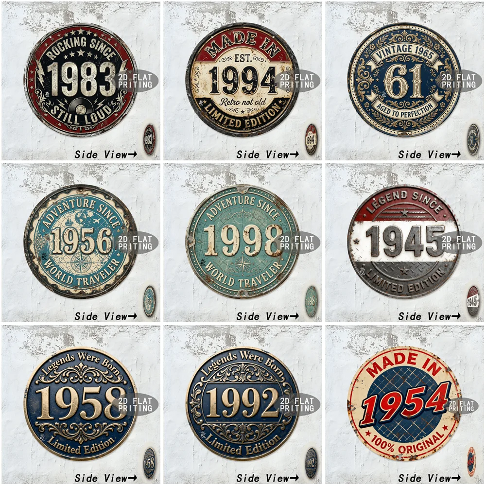 Multi Style Assorted Vintage Limited Year Birthday Round Aluminum Metal Sign 8x8Inch 2D Flat Man Cave Garage Bar Wall Decor Gift