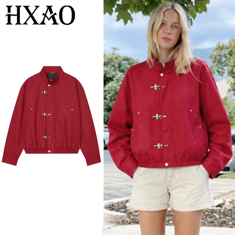 HXAO Unisex Rote Oversize-Jacke Damen-Bomberjacke Mittel-Saison 2026 Crop-Schnallen-Design Lockerer Langarm-Oberteil Modischer Streetwear-Mantel – Detail 3