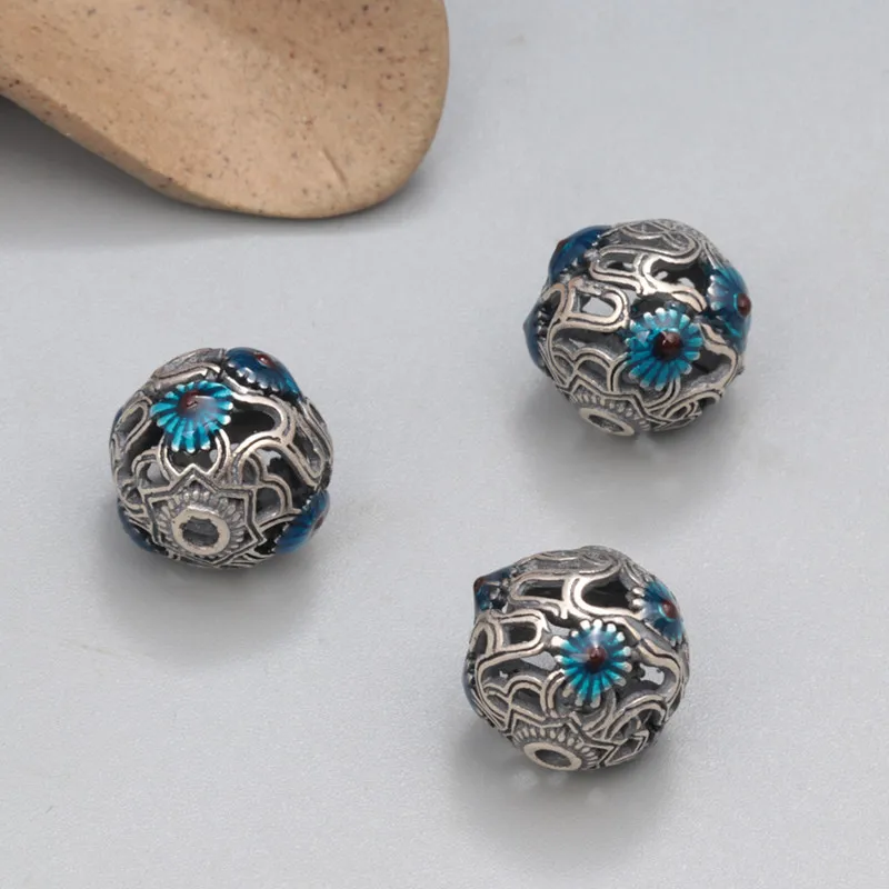 925 Sterling Silver Enamel Small Flower Round Spacer Beads Vintage Hollow Bead DIY Handmade Materials for Jewelry Making PZ015