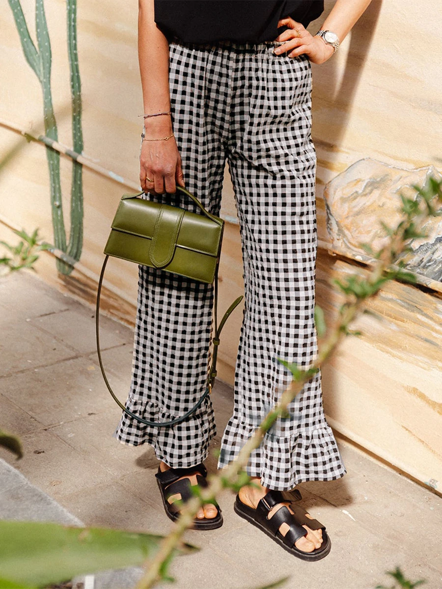 Women Vintage Plaid Print Pants 2024 New Fashion Patchwork Ruffled Legs Elastic Waistband Wide Leg Loose Casual Pull On Trousers