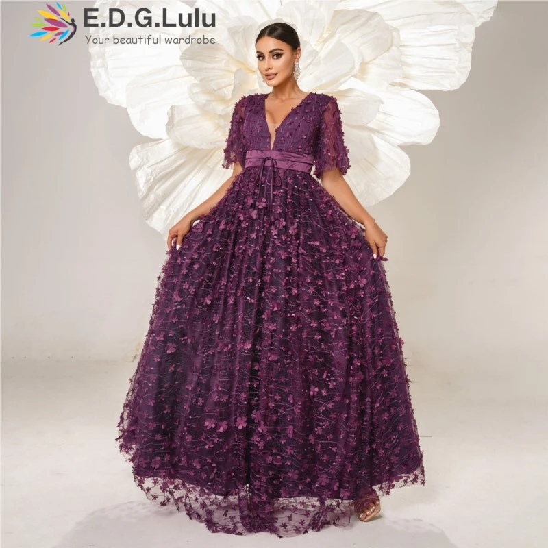 

EDGLuLu High Waist Lace-Up Mesh Patchwork 3d Flowers Long Grand Swing Dress Elegant Short Sleeved Purple Birthday Dress 0726