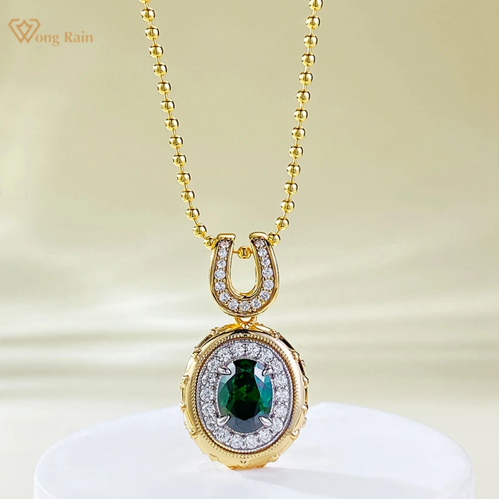 

Wong Rain 18K Gold Plated 925 Sterling Silver 6*8MM Oval Emerald High Carbon Diamond Gemstone Pendant Necklace for Women Jewelry