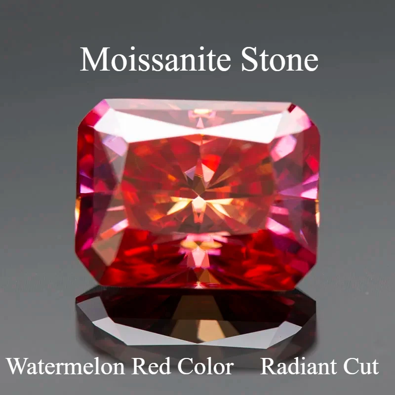 

Moissanite Diamond Watermelon Red Color Radiant Cut Lab Grown Gemstone For Jewelry Rings Earrings Making With GRA Certificate