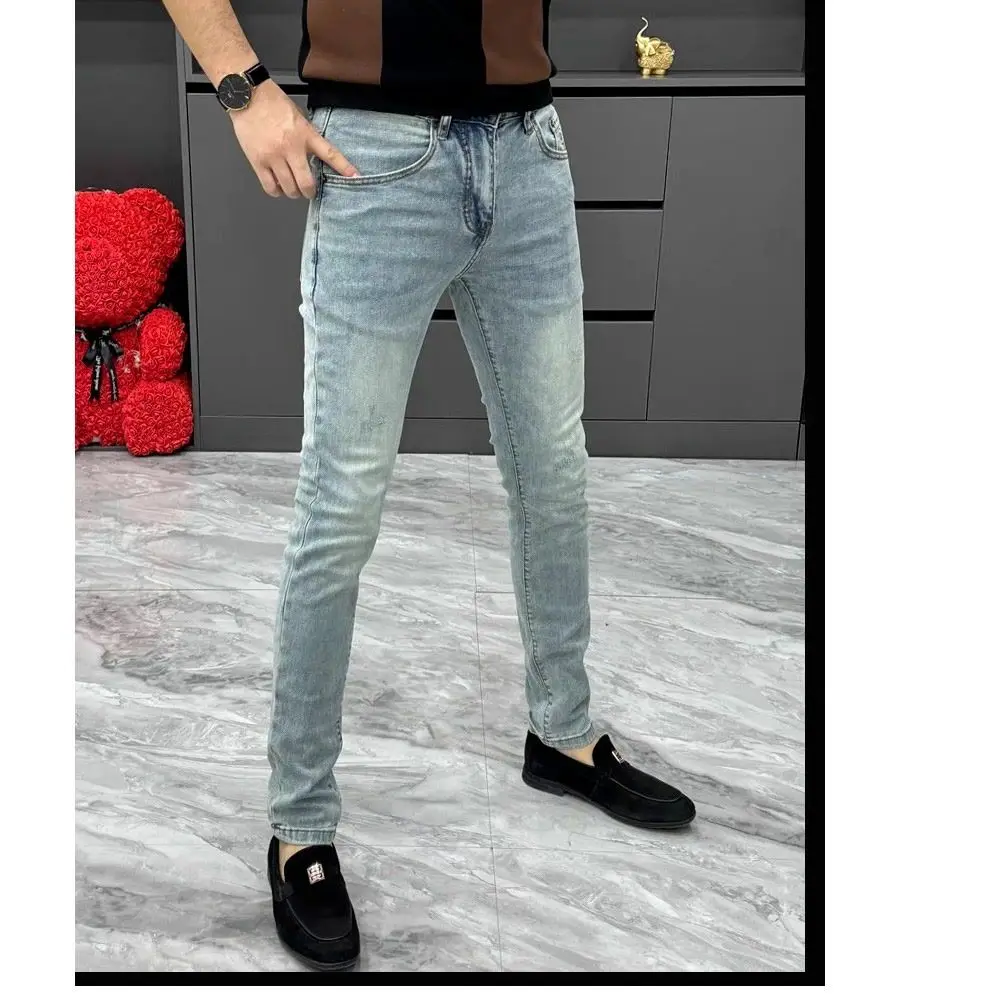 

Мужские весенне-осенние 2320, новые модные брендовые высококачественные потертые тонкие эластичные универсальные повседневные узкие джинсы для маленьких ног, мужские длинные брюки