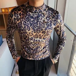 남성용 긴팔 레오파드 무늬 스트레치 스키니 티셔츠, 하이넥 베이스 셔츠