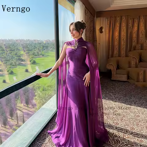 Verngo Purple Chiffon Evening Dress Cape A Line Formal Occasion Dresses Women Beading Prom Party Gowns Customized