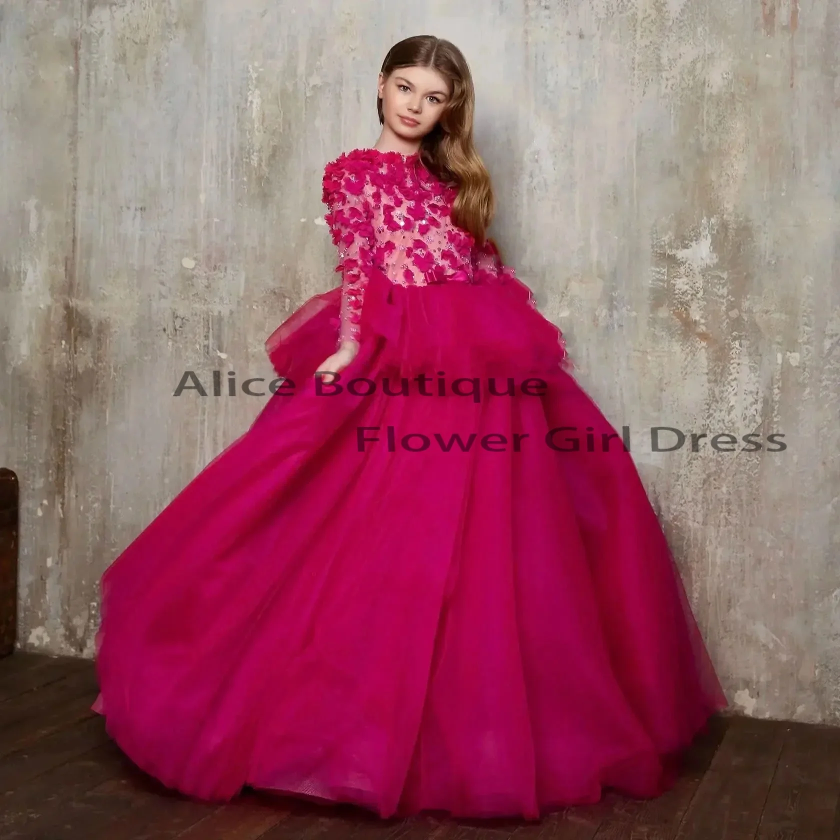 فساتين فتاة الزهور الحمراء لحفلات الزفاف بأكمام طويلة ترتر زهري رائع للأطفال Quinceanera فستان وصيفة العروس مخصص