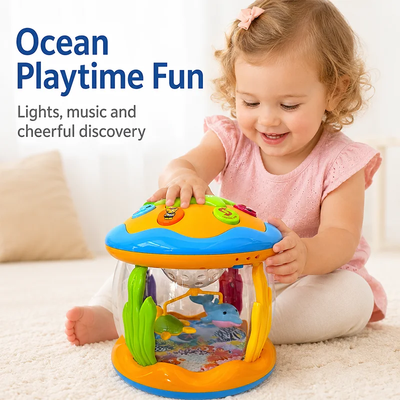 Ocean Hand Beat Drum Toy Rotatable Inside Design Music Light Sound Toy With Button For 12M+ Infant Kids