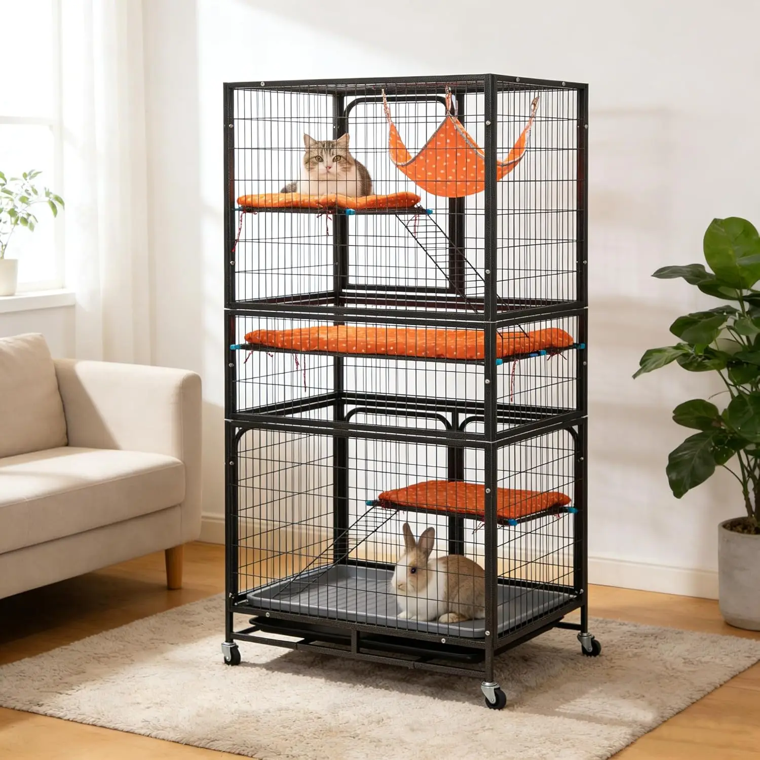 

Cat Cages Indoor,4-Tier Ferret Cage, Large Wire Crates with Hammock, Cat Enclosure with 2 Ladders