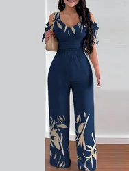 Plants Print Cold Shoulder Top & High Waist Casual Pants Set 2023 Summer European & American Fashion Women Two Piece Set