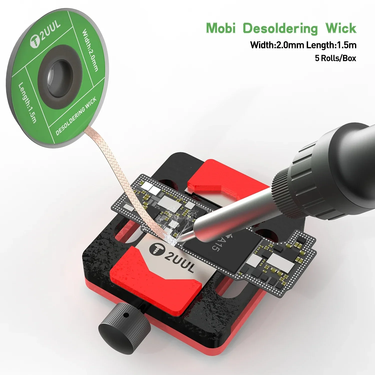 2UUL Desoldering Wick Width 2mm Length 1.5m 5 Rolls Mesh Braid Tape Copper Welding Point Repair Tool For Soldering