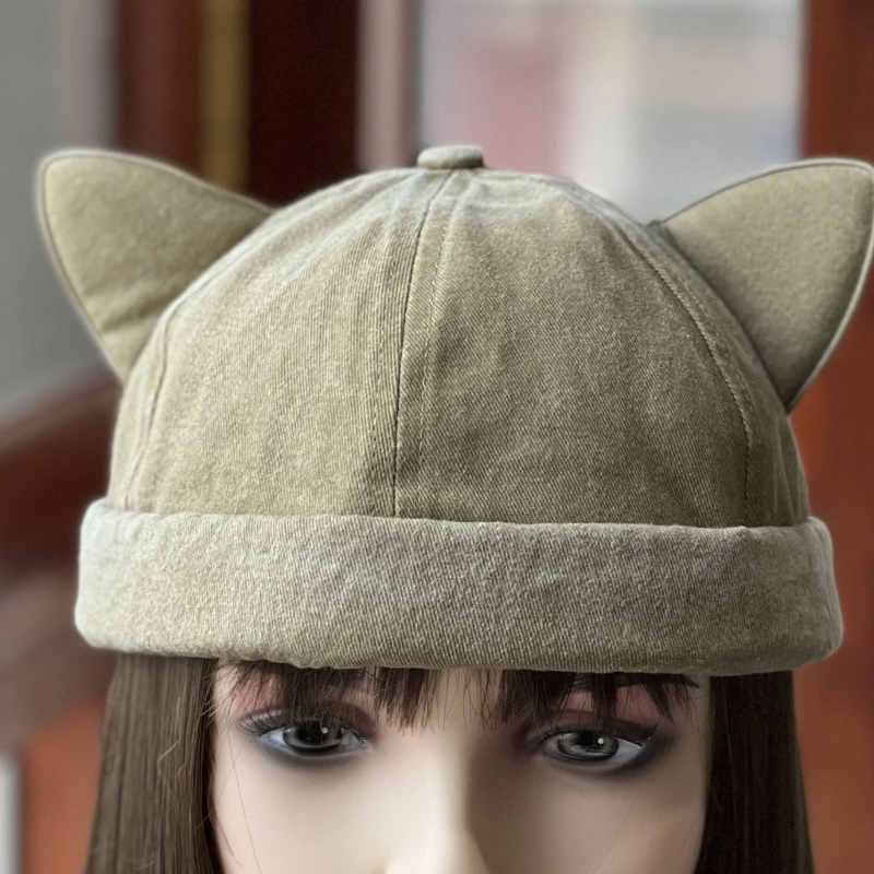 Y2K Style Solid Color Beanie Hat Breathable Multiple Color Lovely Cat Ear Decor without Brim Beanie Hat Summer Beanie Cap Unisex