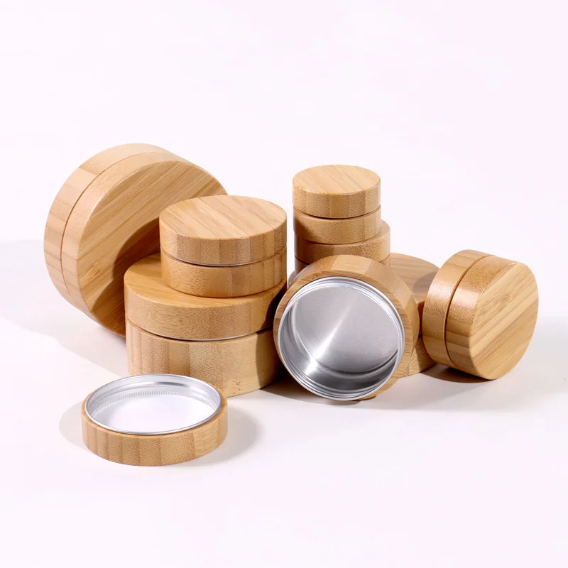 

Natural 10g 30g 50g Cosmetics Packaging Organic Aluminum Liner Bamboo Jars Portable Round Skincare Cream Containers Bamboo Lids