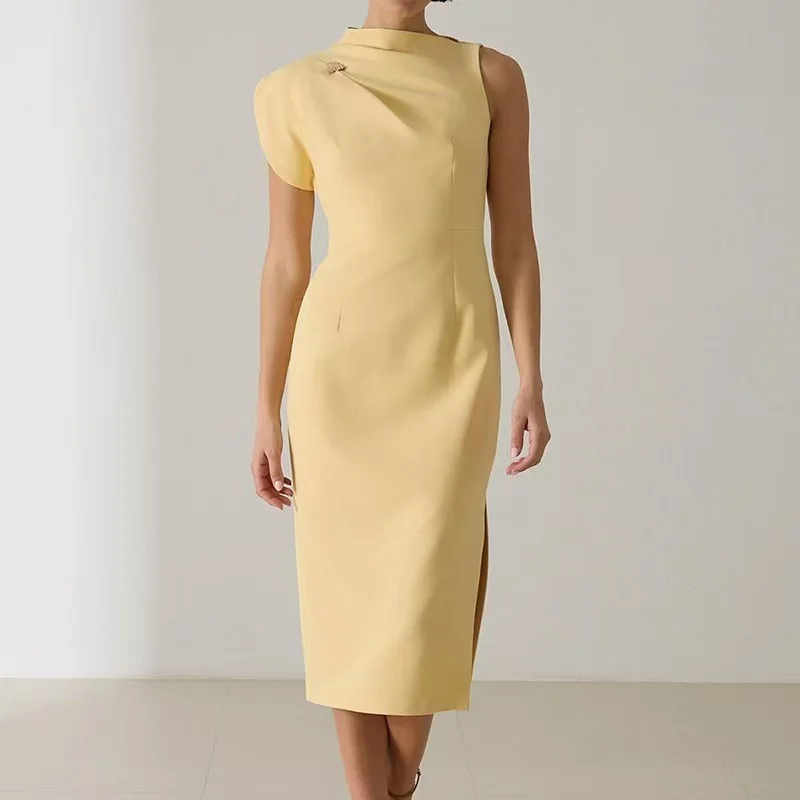 Spring Crew Neck Hollow Side Split Boho Dress Elegant Office Lady Solid Straight Party Dress Women Slim Bodycon Hips Dress Mujer