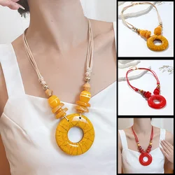 GuanLong New Vintage Long Simple Resin Necklaces for Women Rope Chain Round Big Pendant Necklace Bohemian Boho Accessories Gifts