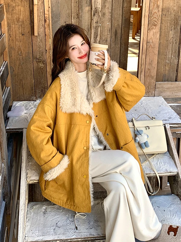 여성용 안감 처리된 따뜻한 양털 자켓 노란색 오렌지색 가을 겨울 신상 한국 스타일 면 의류