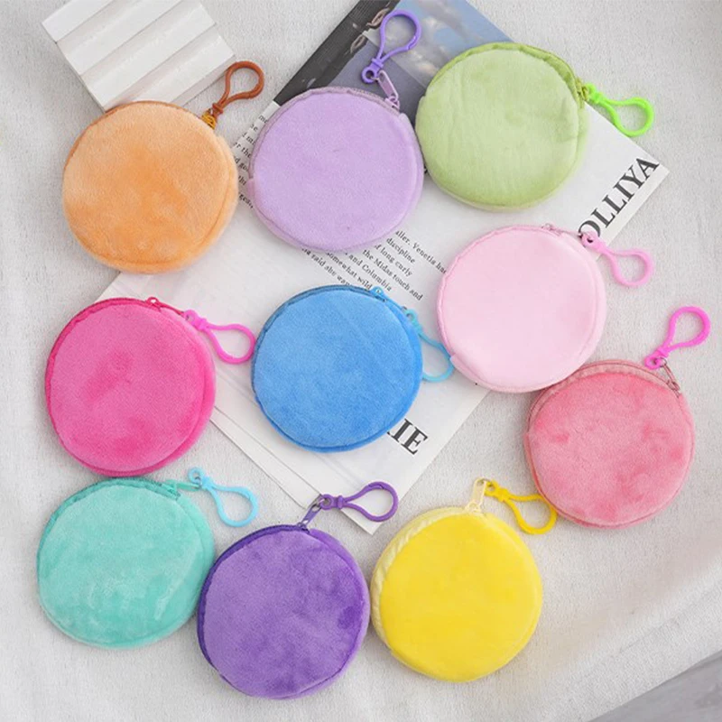 10cm Color Round Zipper Plush Coin Bags Small Money Coin Pouch Wallet Portable Keyring Keychain Earphone Storage Bags Organizer