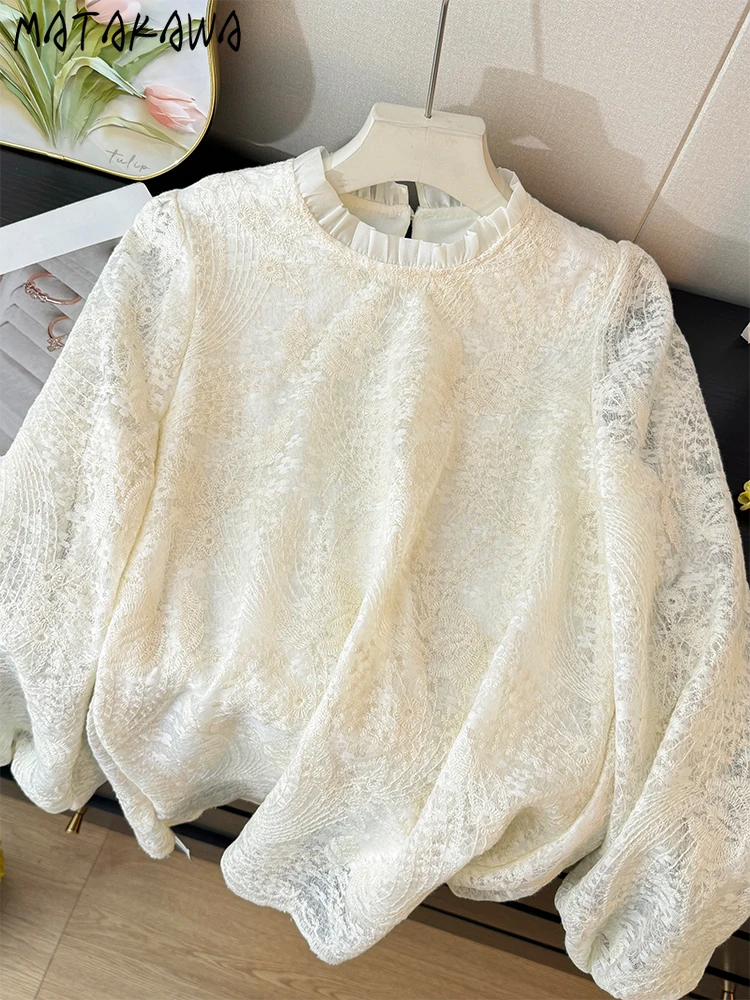 

Matakawa Lace Blouses Spring Autumn Stand Collar Ruffles Solid Women Shirts Spring Autumn Korean Fashion Sweet Blusas Mujer