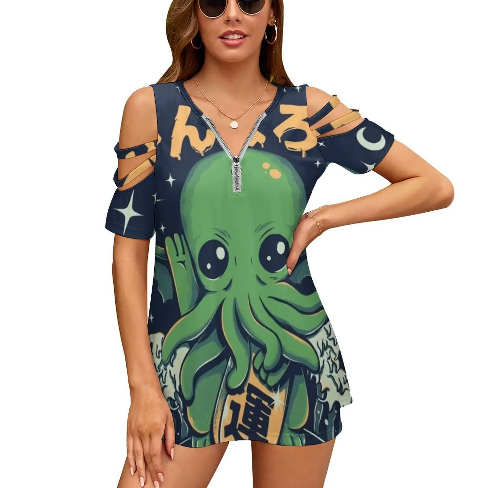 Good Luck Cthulhu Women's T-Shirt New Fashion Printed Zipper V-Neck Short Sleeve T Shirts Casual Plus Size Monster Cthulhu