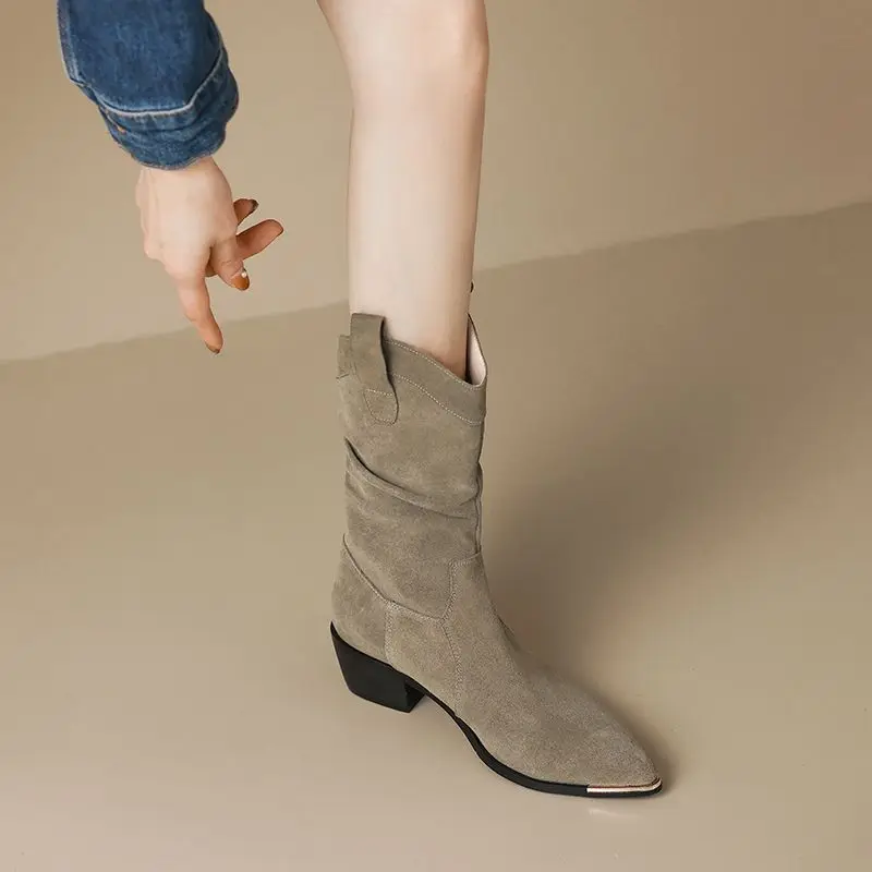 

Зимние женские туфли до середины икры на флисовой подкладке на среднем каблуке, дизайнерские роскошные новинки 2025, новинка, распродажа, модные женские полувысокие сапоги