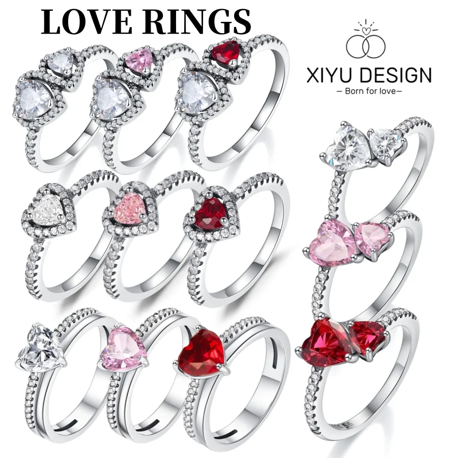 New 925 Sterling Silver Shining bow double Heart Rings For Women Fine Wedding Engagement Birthday Jewelry Gift