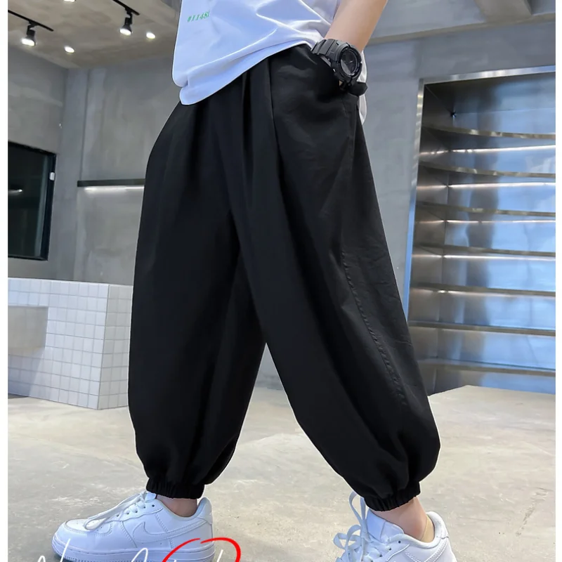 Kids Clothing Summer 2023 Thin Mosquito Prevention Solid Color Casual All-match Elastic Waist Spliced Pocket New Loose Trousers