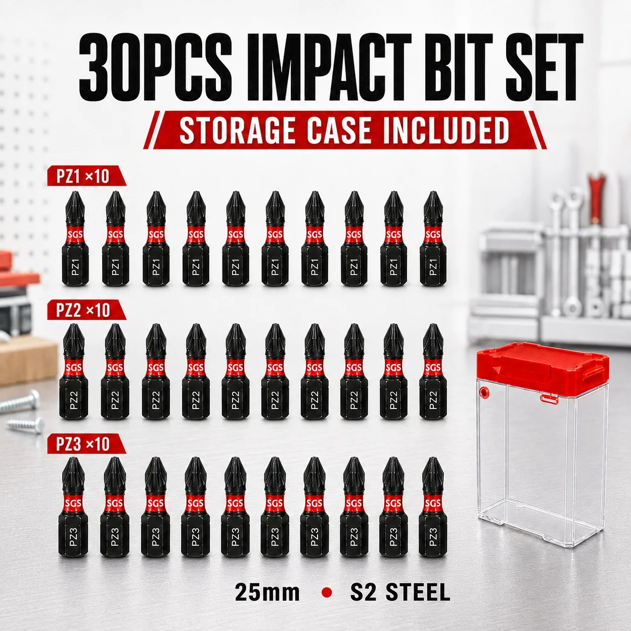 30-teiliges Set aus 25-mm-S2-Stahl-Schraubendreher-Bits, stoßfest, erhältlich in den Ausführungen PH Phillips Kreuzschlitz PH1 PH2 PH3 oder PZ Pozidriv Sternschlitz PZ1 PZ2 PZ, 0,15 kg schwere Ausführungen verfügbar, 1/4-Zoll-Sechskantschaft, wird mitgeliefert. – Detail 3