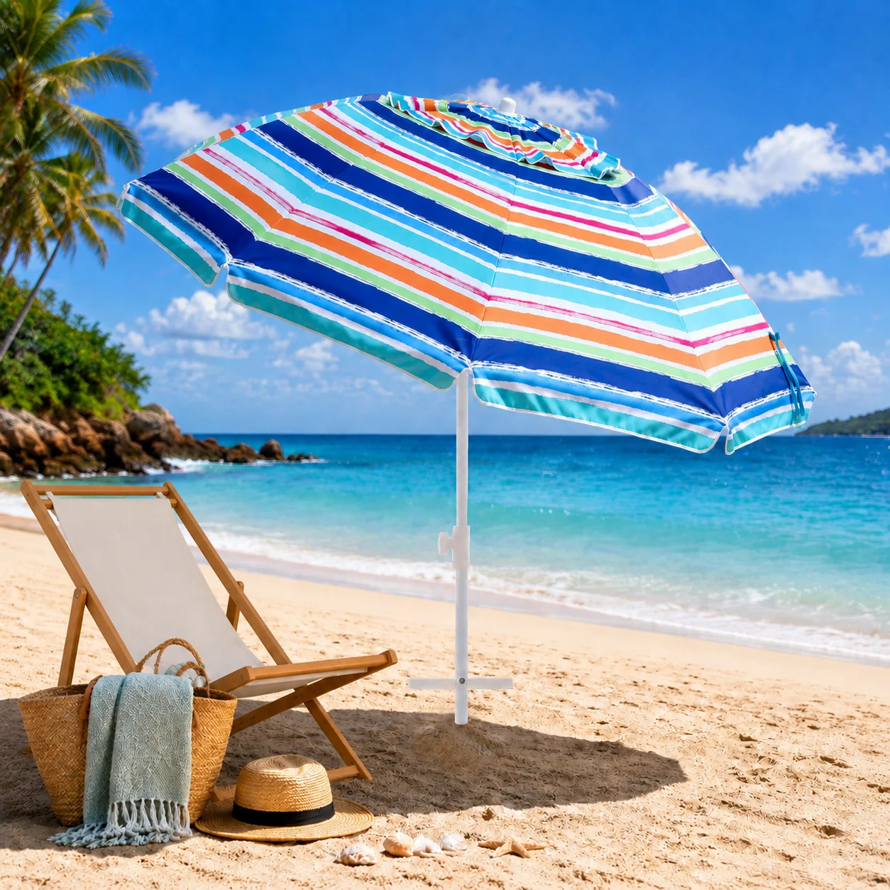 6.5FT Portable Outdoor Beach Umbrella Waterproof Windproof with Sand Anchor Manual Open Close Large Canopy for Beach Camping Picnic