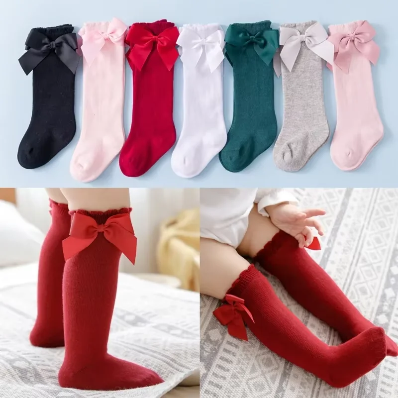 

3Pairs Girls Socks With Bow Soft Baby Toddler Long Sock Children's Socks For Girls Knee High Princess Elegant Kids Four Season