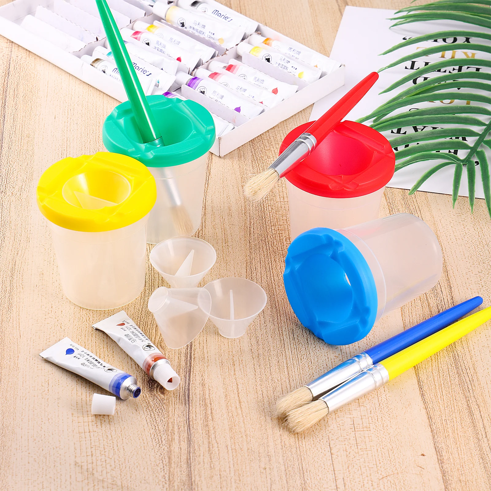 

4Pcs Washable Painting Brushes and 4 Paint Cups with Lids Kids Art Tools Set for Watercolor Acrylic Ceramic Nail Body Painting